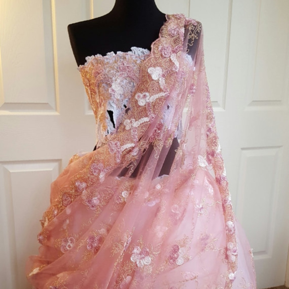 Pink Gold White Lace Lehenga Sari Bridal Ballgown